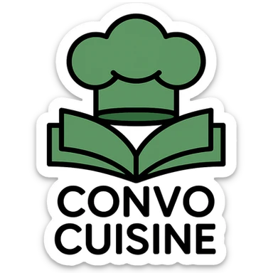 green elegant logo for Convo Cuisine recipe book with chef hat and open book sticker