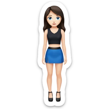realist caucasian woman, long dark brown hair, blue eyes, black crop top, black mini skirt, high heel black shoes, full body, emoji style, hands on hips sticker