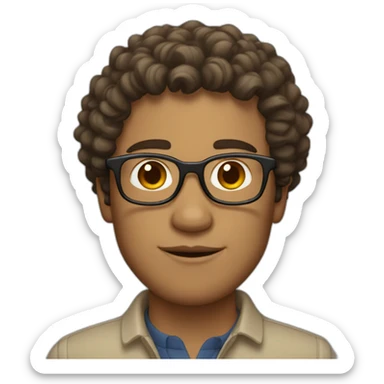 man with curly brown hair and semi-round glasses and beige skin sticker