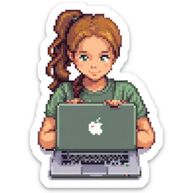 girl with ponytail using a laptop with an apple logo, simple background, pixel art style sticker