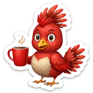 Smiling red bird holding a coffee mug by the handle sticker