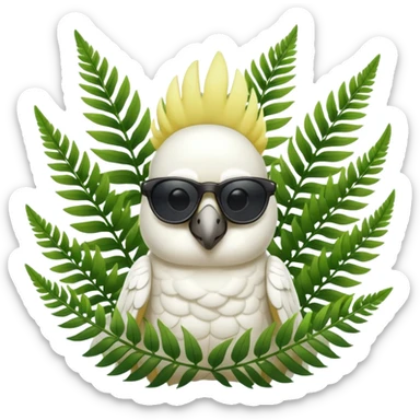 sulfer crested cockatoo wearing sunglasses sitting in a green fern tree sticker