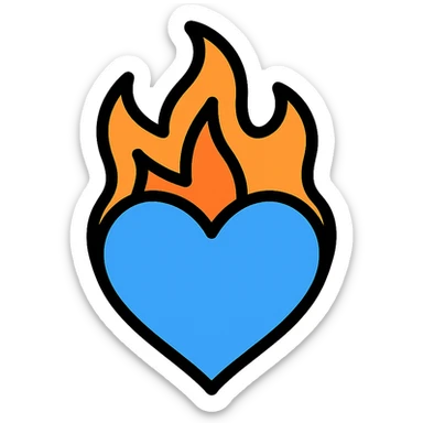 flaming blue heart icon with colored outlines sticker