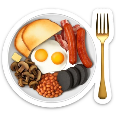 English breakfast on a beautiful white plate with a gold fork sticker