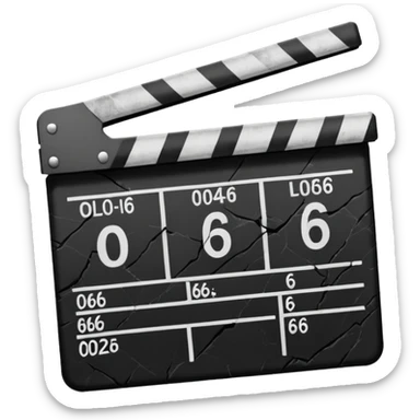 Minimalist emoji-style sticker of a cracked movie clapperboard with the date “06/06/66”, faint scorched marks, all in grayscale


 sticker