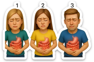 emoji stile iphone di 3 persone, due donne e un uomo, con intestino realistico e mal di pancia, sulle donne ci sono i numeri 1, 2 e sull'uomo il 3, iperrealistico 4k sticker