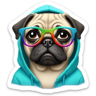 a pug wearing a hoodie and glasses sticker