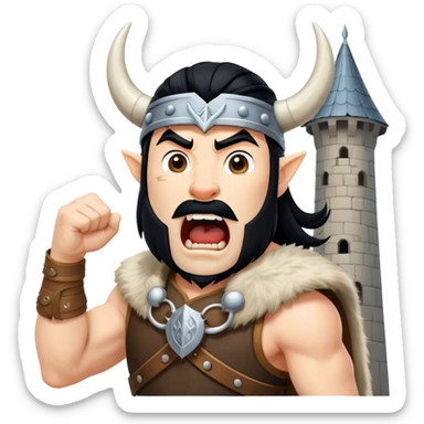 vikingo, con cuerno de vaca, pelo negro, de pie, grito de guerra en torre de Asgard. sticker