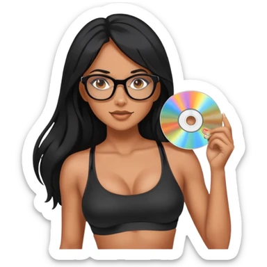 glasses, long black hair tanned woman, black sports bra, sexy, hot, data analysis, holding a cd   sticker