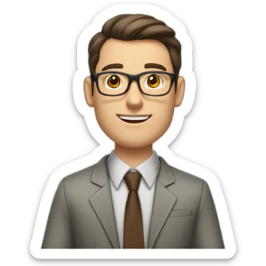 Pale skinned fit man teacher with dark brown hair in gray jacket, beige office shirt, brown tie, brown pants and vintage glasses Draws on the marker board sticker