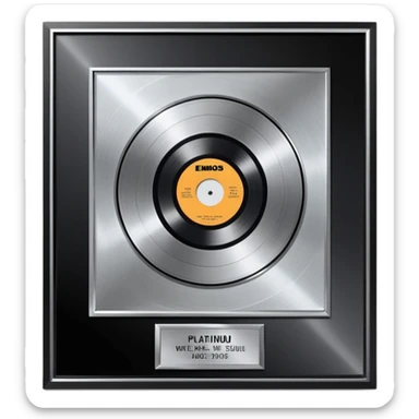 A platinum music award plaque: a square, polished platinum plate with a subtly textured, mirror-like finish, mounted on a simple dark metal base. The center features a relief of a or stylized vinyl record in a slightly darker metallic tone.  sticker