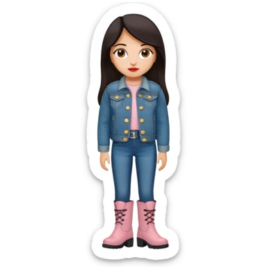 Gordita, ojos pequeños de color cafe oscuro, labios pequeños y rosados, piel trigueña, orejas pequeñas, cabello largo lazio y negro, pequeña. cuerpo completo. vestida con saco jean y botas sticker