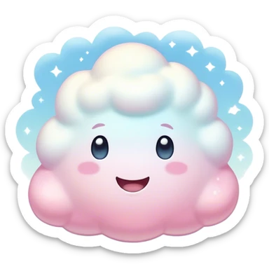 Cinematic fluffy pastel marshmallow character, soft round edges, tiny sparkly eyes, a small happy smile, glowing warmly, floating in a dreamy soft sky. sticker