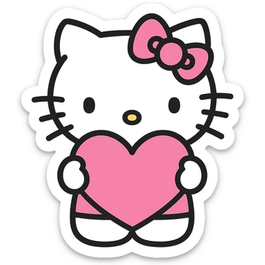 Hello Kitty holding a pink heart, pink and white girly aesthetic, cute and charming icon style sticker