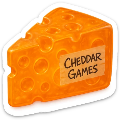Create a clear, transparent orange cheddar cheese block shaped like a classic wedge with Swiss-style holes. The block should glow more, maintaining a clear-orange, translucent, hyper-detailed plastic texture reminiscent of a 90's toy. It should have soft reflections, appear soft and almost squishy with some cloudiness, not shiny, hyper-realistic, retro, and highly detailed. Include a tape messily taped to the side with 'Cheddar Games' written in messy Sharpie. The image should have no background and be of extremely high quality. sticker