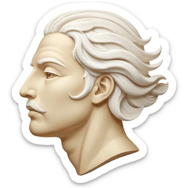 Create a stylized illustration of a classical face carved in white marble, shown in profile, gently blowing wind. The wind is depicted as decorative swirling lines emerging from the mouth.  sticker