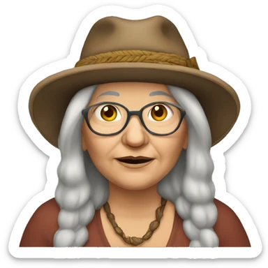 Fat old hippie woman long dark hair and hat sticker