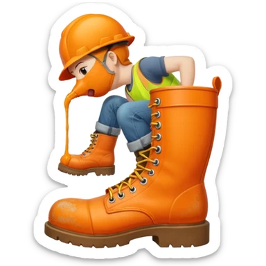 Person licking a large orange work boot sticker