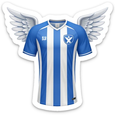 Blue and white soccer jersey with an angel symbol on the front sticker