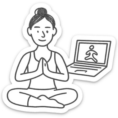 hand-drawn outlined icon of a yoga teacher with a laptop sticker