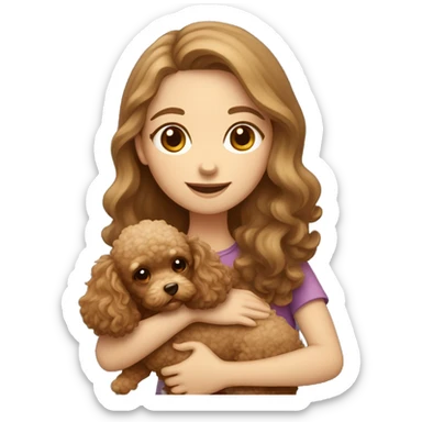 A girl with long light brown hair hugging cute brown toy poodle puppy  sticker