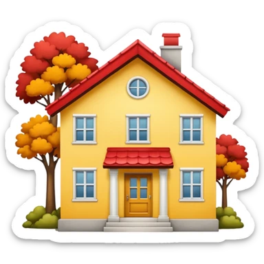 Front seight of a yellow house with a red roof sticker