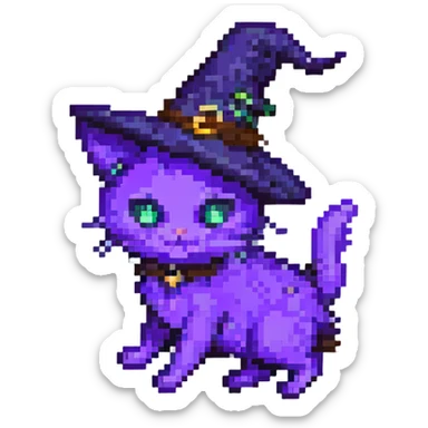 Make the purple witch cat fly in pixel art style with no background, transparent background. sticker