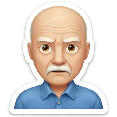 a portrait of aggressive elderly man, bald head, beard, wearing shirt sticker