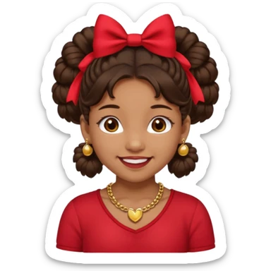 Brownskin girl dark brown hair fluffy. pigtails with red bows brown eyes smiling closed mouth red shirt gold esrrings gold necklace sticker