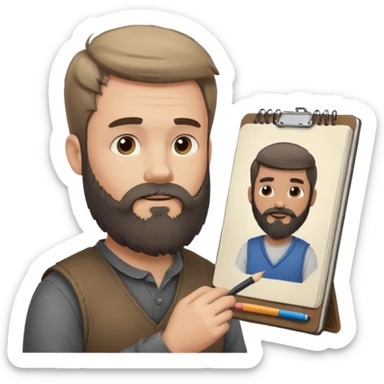 Bearded man  drawing boy character with charcoal in sketchbook sticker