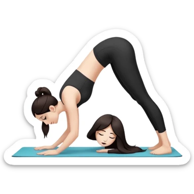 Девушка белокожая в позе собака мордой вниз, с длинными темными волосами, в коротком белом топе, в черных лосинах, с черными ресницами sticker