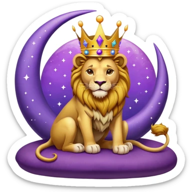 Lion with a crown sitting on a purple crescent moon  sticker
