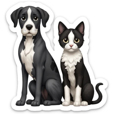 Large Black and white great dane dog sitting with a black and white cat sticker