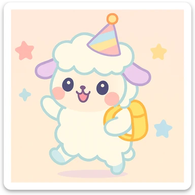 Add a yellow backpack and a party hat to the kawaii fluffy sheep, preserving the cute and soft kawaii style with fluffy texture and pastel colors. sticker