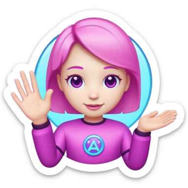 Friendly round AI mascot with a neon C badge, floating hologram in hands, purple-magenta glow. sticker