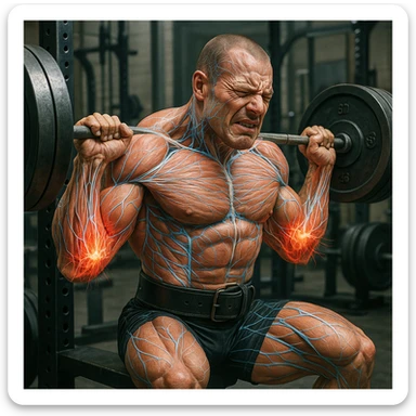Powerlifter in weight room, muscles and nervous system represented with accelerated growth effect, inflamed and visibly stressed elbow tendons, expression of discomfort, scientific details, gym background sticker