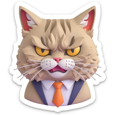 close-up of furious office cat's face with ruffled fur, tie visible, facepalming in exasperation, eyes narrowed, fed up with endless dumb questions, no table or background, just the cat's face sticker