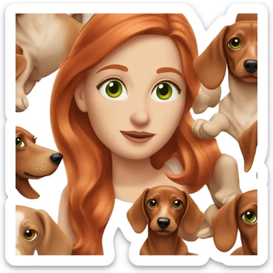 red head women green eyes with her light cream dachshund  sticker