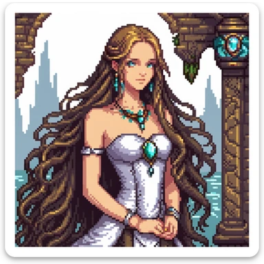 Beautiful girl with metal jewelry and long flowing hair in fantasy setting sticker