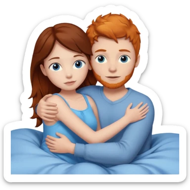 Ginger boy hugging girl with very dark brown hair. Both have blue eyes. They are in bed.  sticker