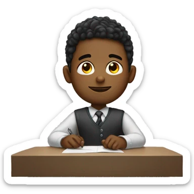 boy is sitting at desk and rising right hand like he wants to answer question sticker