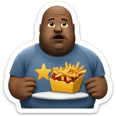 fat man in dirty blue sweatsuit with chili cheese fries in his mouth sticker