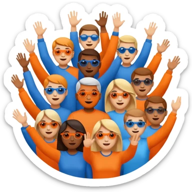 A cheering crowd within a circle of shades of orange and blue sticker