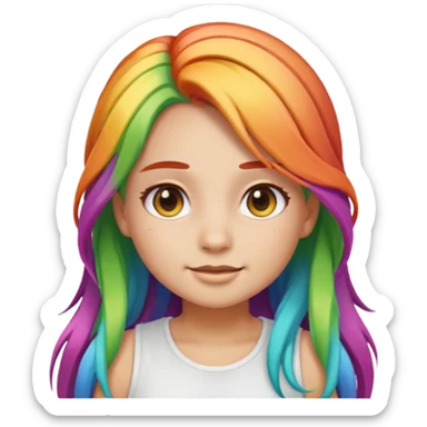 girl emoji with long rainbow hair, she's wearing a white top and has light olive skin  sticker