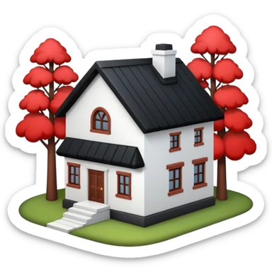 Dom parterowy z czarnym dachem i biała elewacją ze wstawkami z czerwonej cegły.Na drugim planie las. sticker