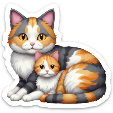 full body large dark grey and white cat cuddling a colourful light patched calico + white tabby cat  sticker