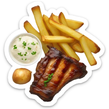 A plate with ribs and garlic wedges potato sticker