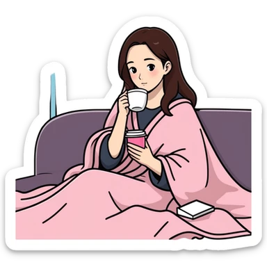 Brunette girl in pink blanket drinking coffee sticker
