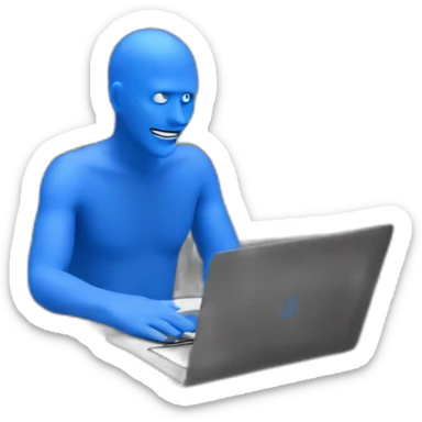 blue man sitting at a conference with mackbook sticker
