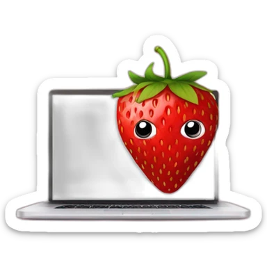 a strawberry with the body of a man with eyes a mouth a nose and everything else the strawberry is in front of a mac laptop with a mask that hides his eyes so that we don't recognize his face sticker